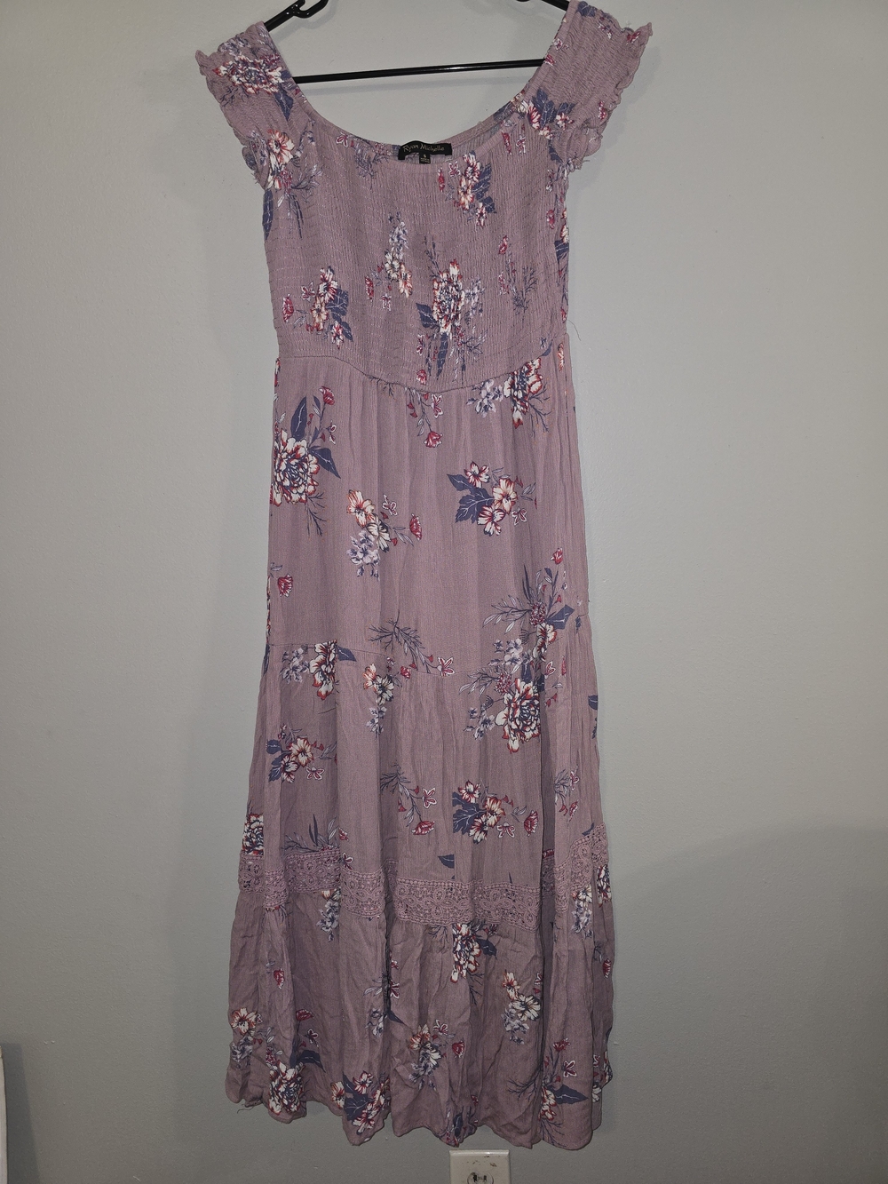 Smocked Off-Shoulder Lavender Floral Maxi Dress